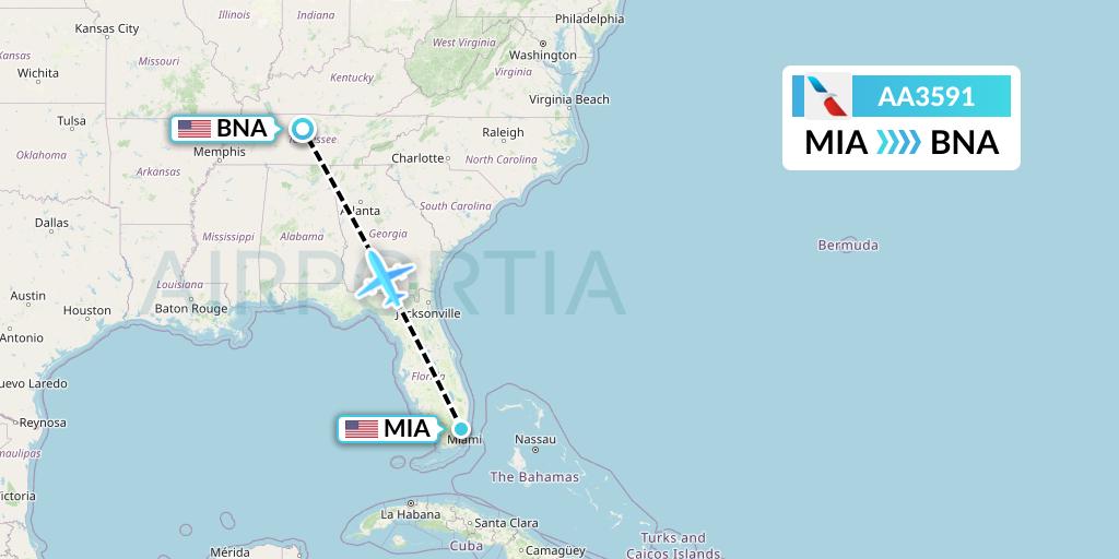 AA3591 American Airlines Flight Map: Miami to Nashville