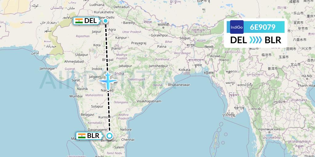 6E9079 IndiGo Airlines Flight Map: Delhi to Bangalore