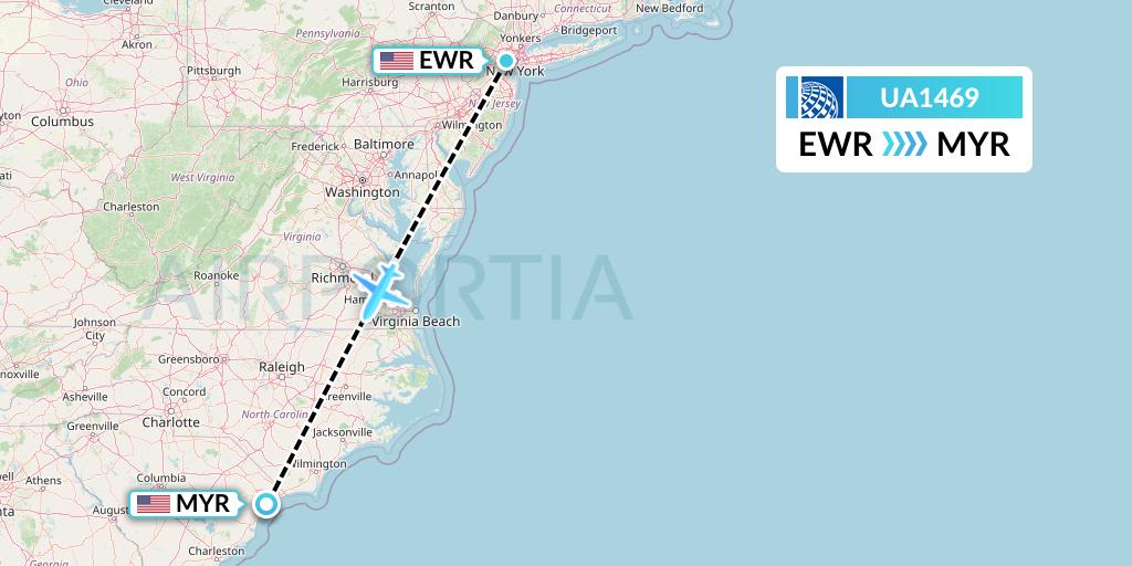 UA1469 United Airlines Flight Map: New York to Myrtle Beach