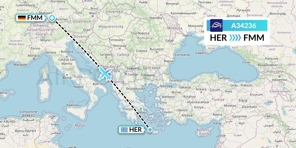 A34236 Aegean Airlines Flight Map: Heraklion to Memmingen
