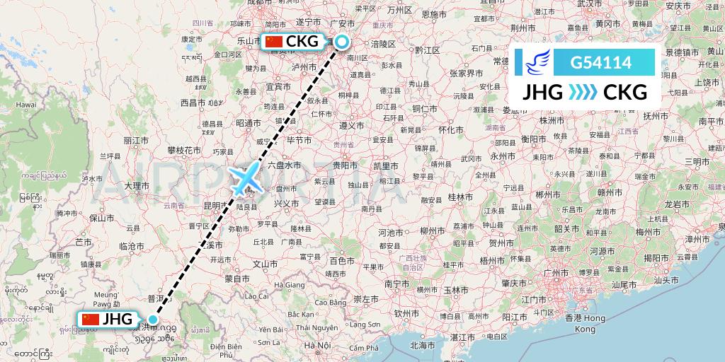 G54114 China Express Airlines Flight Map: Jinghong to Chongqing