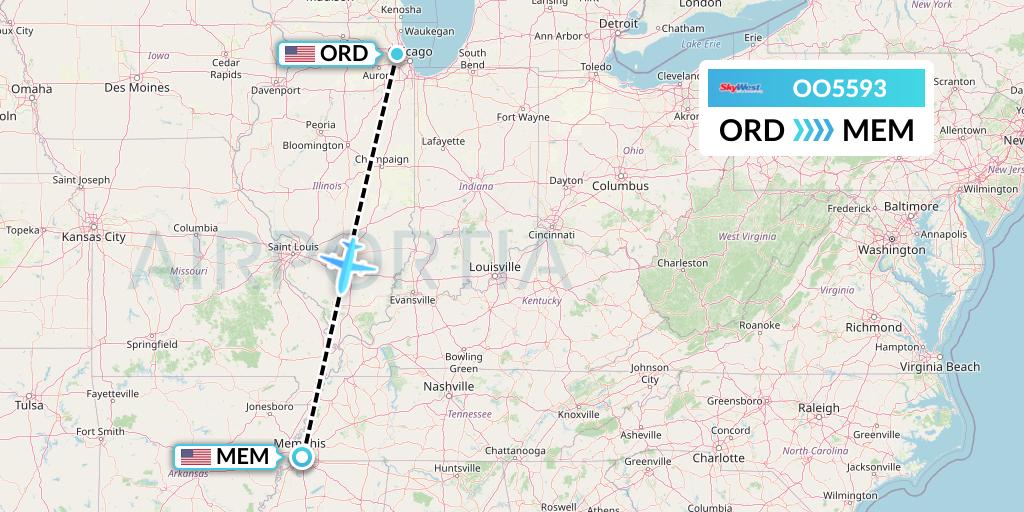 OO5593 SkyWest Airlines Flight Map: Chicago to Memphis