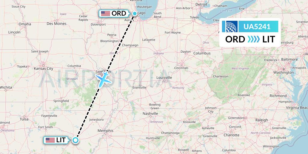 UA5241 United Airlines Flight Map: Chicago to Little Rock