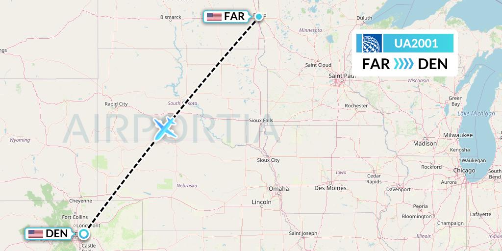 UA2001 United Airlines Flight Map: Fargo to Denver