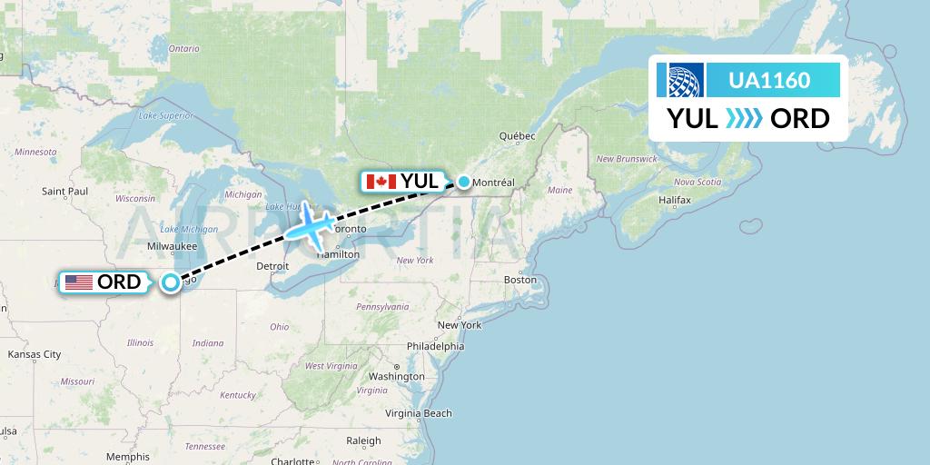 UA1160 United Airlines Flight Map: Montreal to Chicago