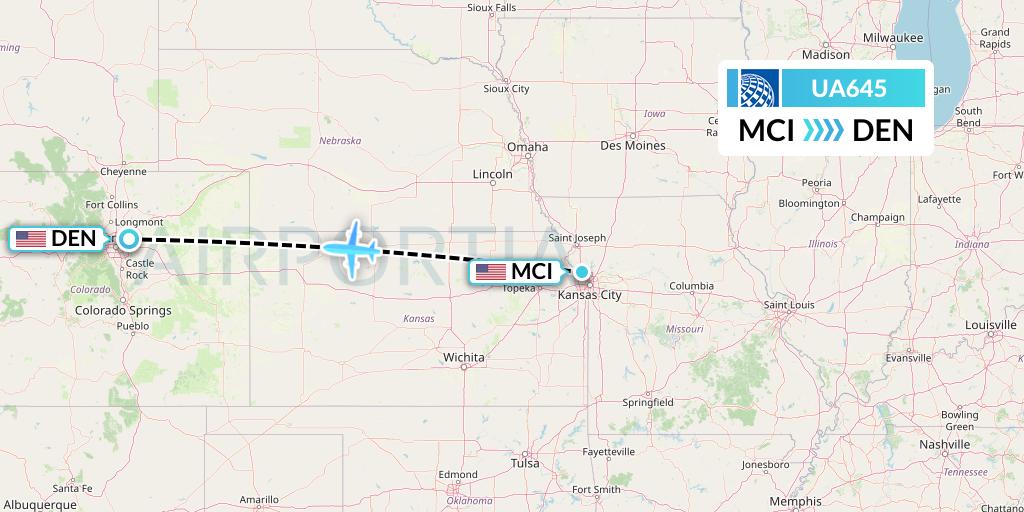 UA645 United Airlines Flight Map: Kansas City to Denver