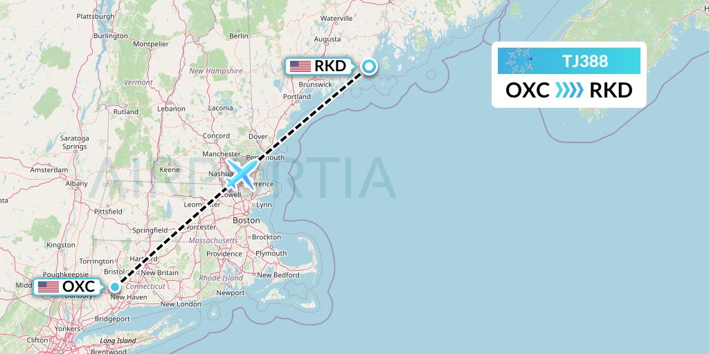 TJ388 Tradewind Aviation Flight Map: Oxford to Rockland