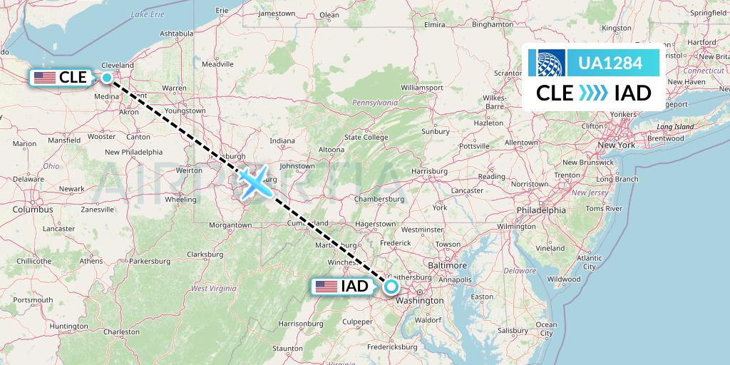UA1284 United Airlines Flight Map: Cleveland to Washington