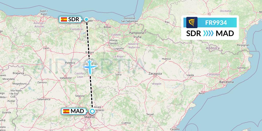 FR9934 Ryanair Flight Map: Santander to Madrid