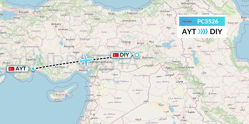 PC3526 Pegasus Airlines Flight Map: Antalya to Diyarbakir
