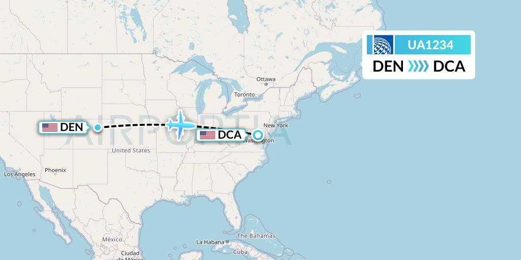 UA1234 United Airlines Flight Map: Denver to Washington