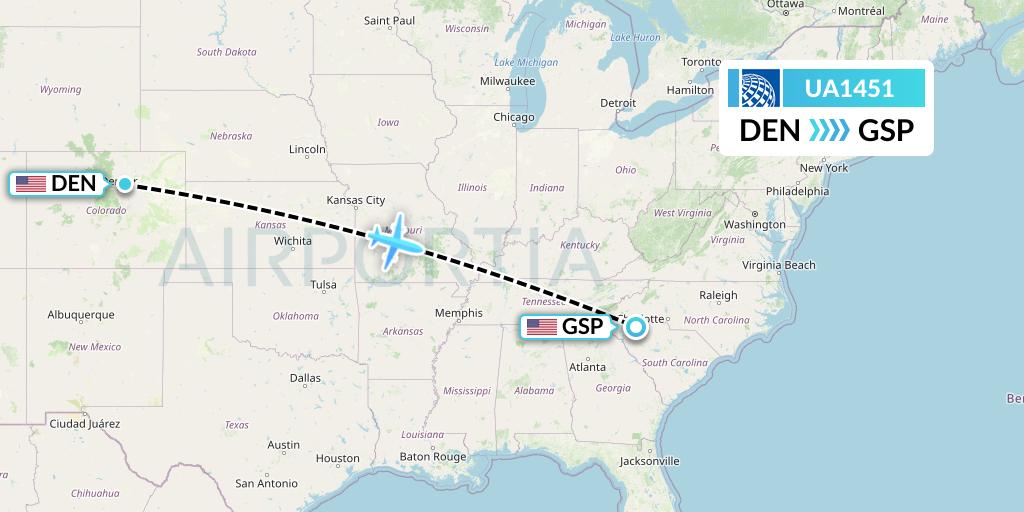 UA1451 United Airlines Flight Map: Denver to Greenville-Spartanburg