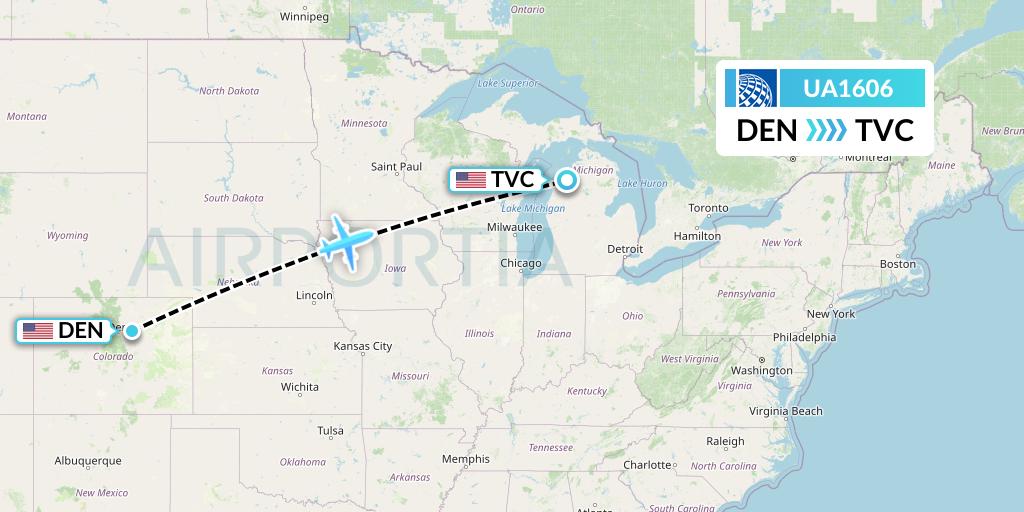 UA1606 United Airlines Flight Map: Denver to Traverse City