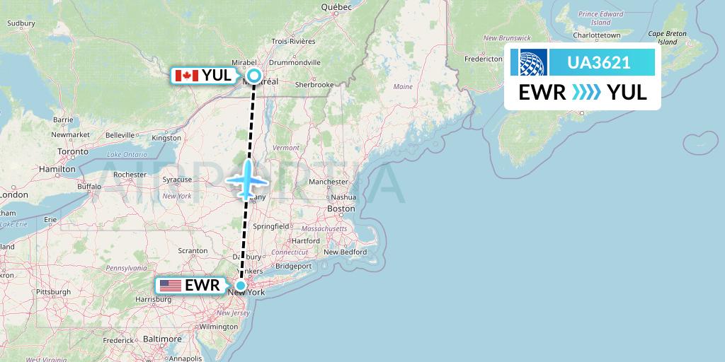 UA3621 United Airlines Flight Map: New York to Montreal