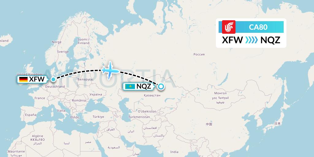 CA80 Air China Flight Map: Hamburg to Astana