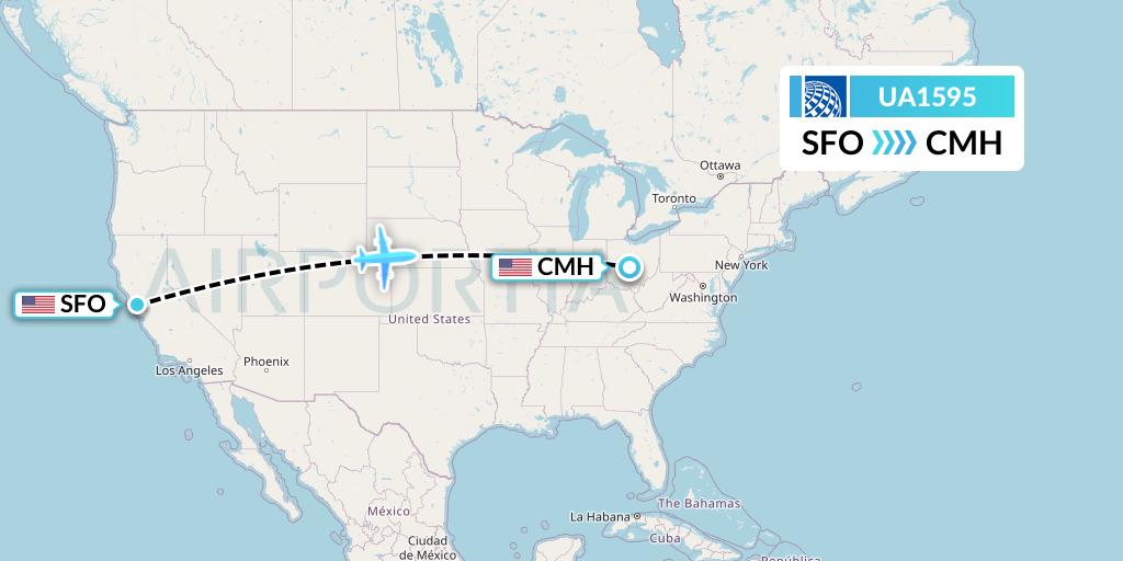 UA1595 United Airlines Flight Map: San Francisco to Columbus
