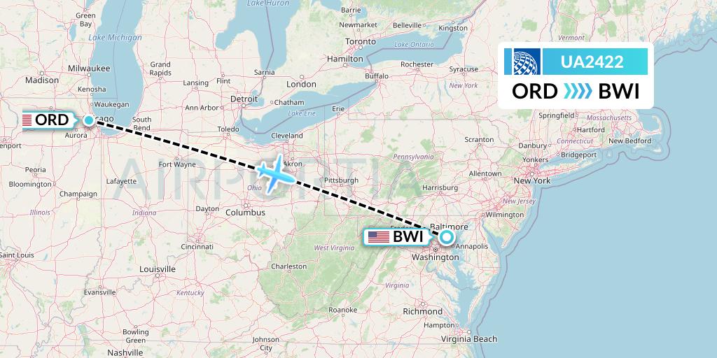 UA2422 United Airlines Flight Map: Chicago to Baltimore