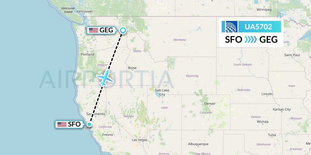 UA5702 United Airlines Flight Map: San Francisco to Spokane