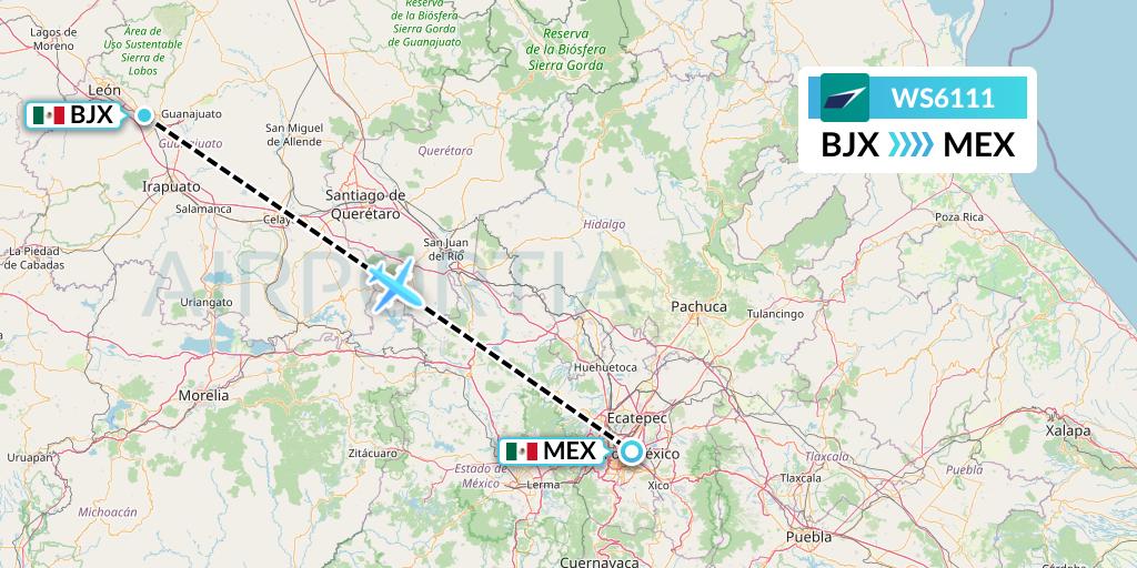 WS6111 WestJet Flight Map: Silao to Mexico City