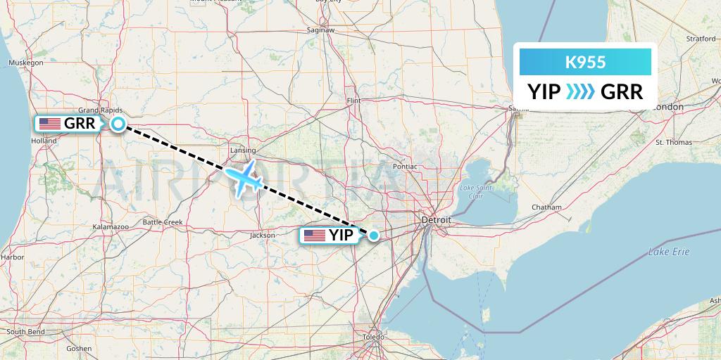 K955 Kalitta Charters Flight Map: Detroit to Grand Rapids