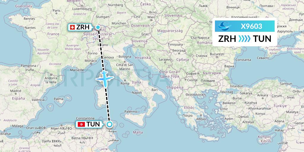 X9603 Avion Express Flight Map: Zurich to Tunis