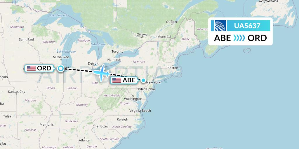 UA5637 United Airlines Flight Map: Allentown to Chicago