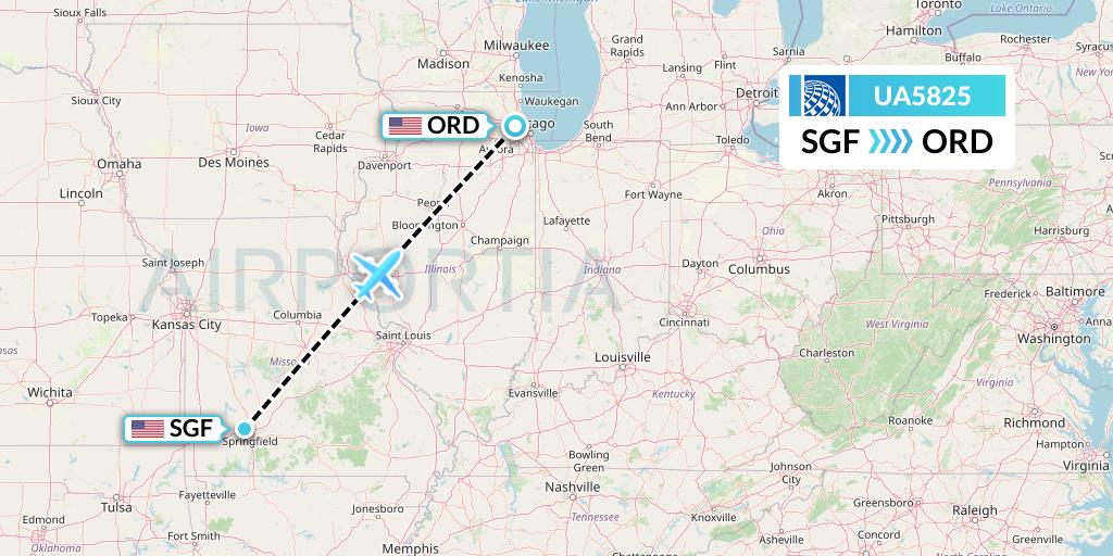 UA5825 United Airlines Flight Map: Springfield to Chicago