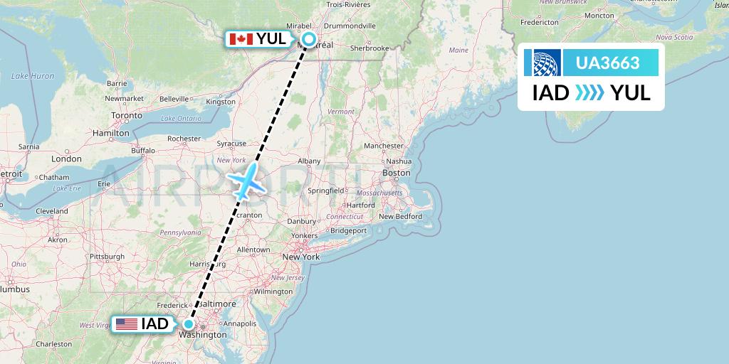 UA3663 United Airlines Flight Map: Washington to Montreal