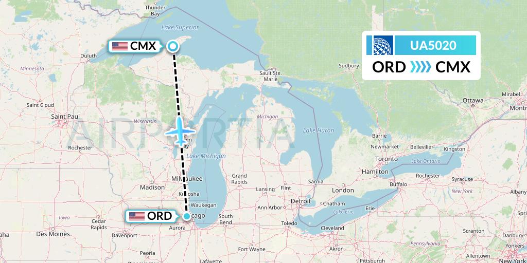 UA5020 United Airlines Flight Map: Chicago to Hancock