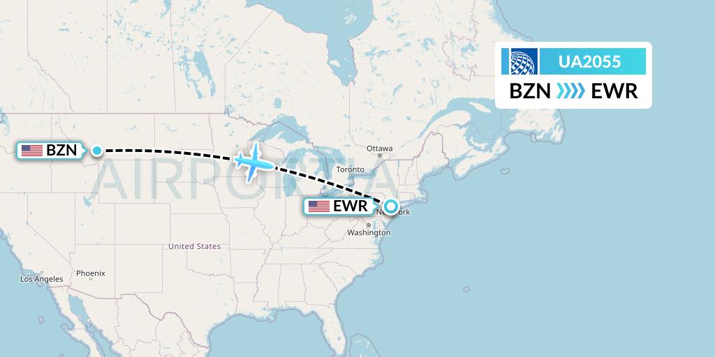 UA2055 United Airlines Flight Map: Bozeman to New York