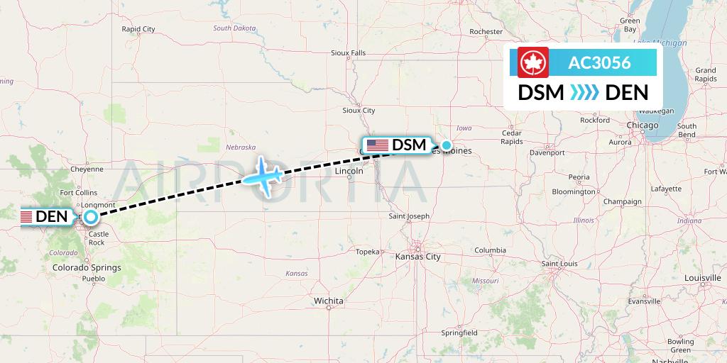 AC3056 Air Canada Flight Map: Des Moines to Denver