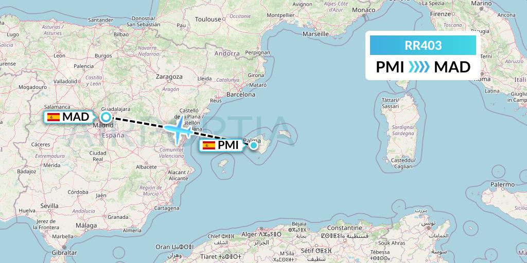 RR403 Royal Air Force Flight Map: Palma de Mallorca to Madrid