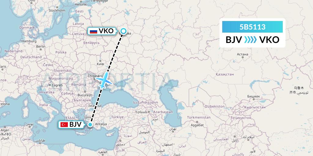 5B5113 Bassaka Air Limited Flight Map: Bodrum to Moscow