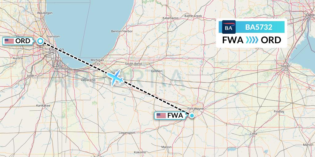 BA5732 British Airways Flight Map: Fort Wayne to Chicago