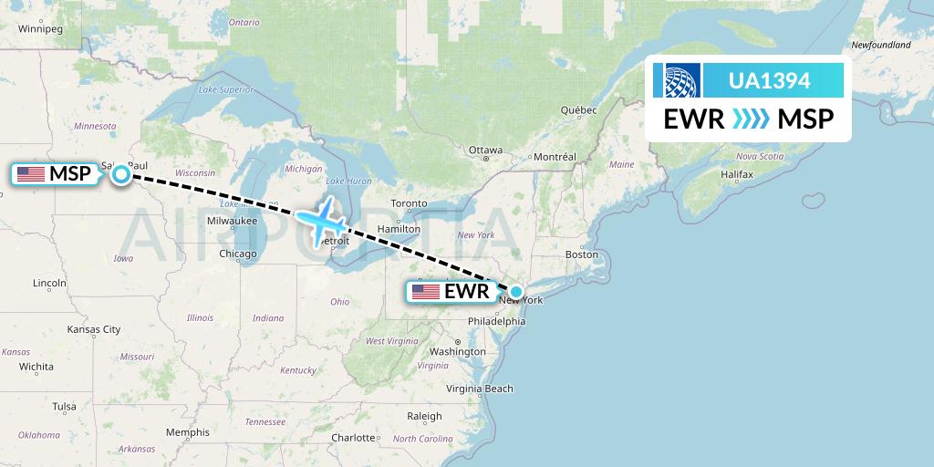 UA1394 United Airlines Flight Map: New York to Minneapolis