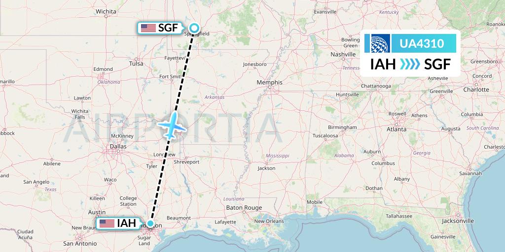 UA4310 United Airlines Flight Map: Houston to Springfield