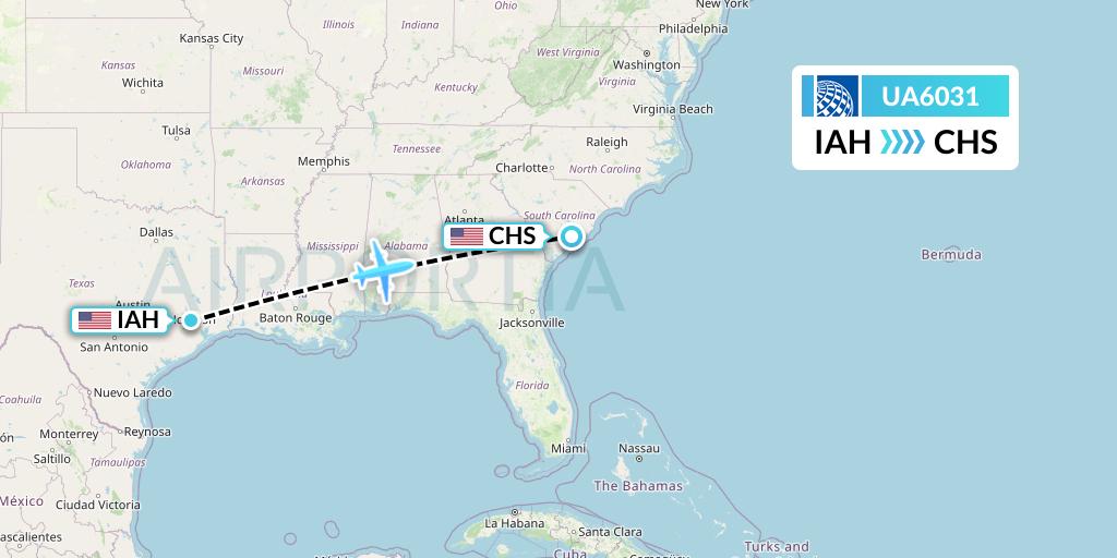UA6031 United Airlines Flight Map: Houston to Charleston