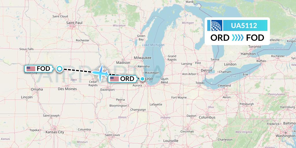 UA5112 United Airlines Flight Map: Chicago to Fort Dodge