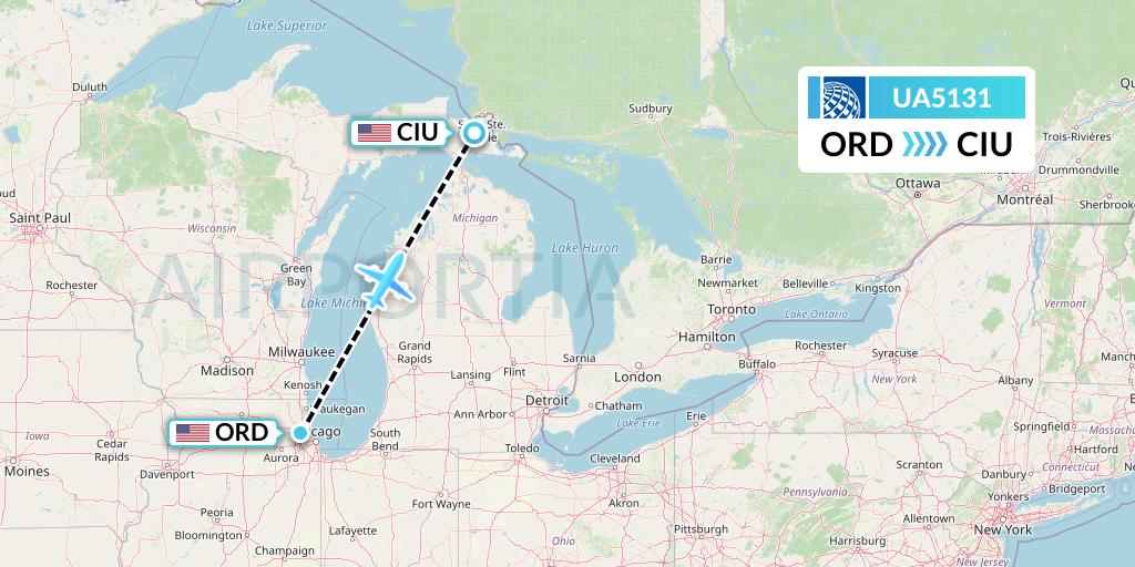UA5131 United Airlines Flight Map: Chicago to Sault Sainte Marie