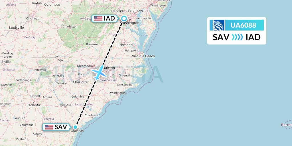 UA6088 United Airlines Flight Map: Savannah to Washington