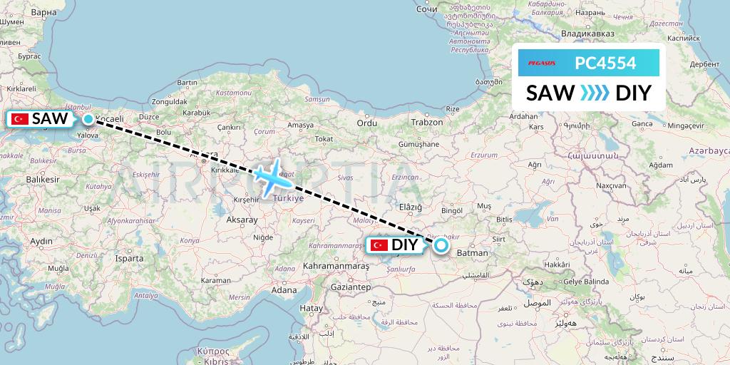 PC4554 Pegasus Airlines Flight Map: Istanbul to Diyarbakir