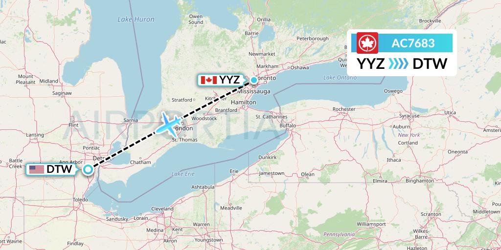 AC7683 Air Canada Flight Map: Toronto to Detroit
