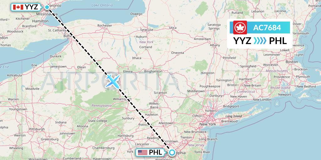 AC7684 Air Canada Flight Map: Toronto to Philadelphia