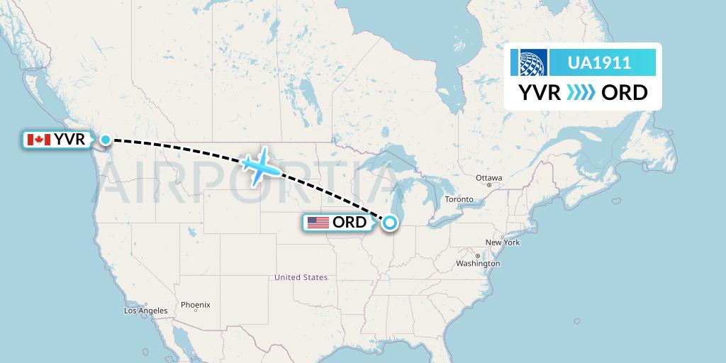 UA1911 United Airlines Flight Map: Vancouver to Chicago