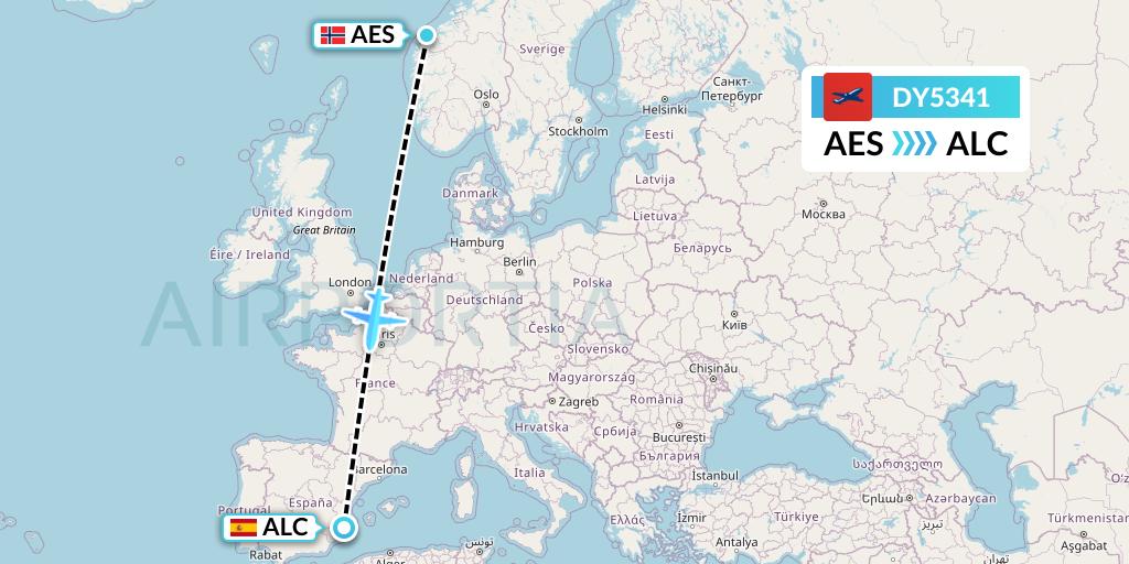 DY5341 Norwegian Flight Map: Alesund to Alicante