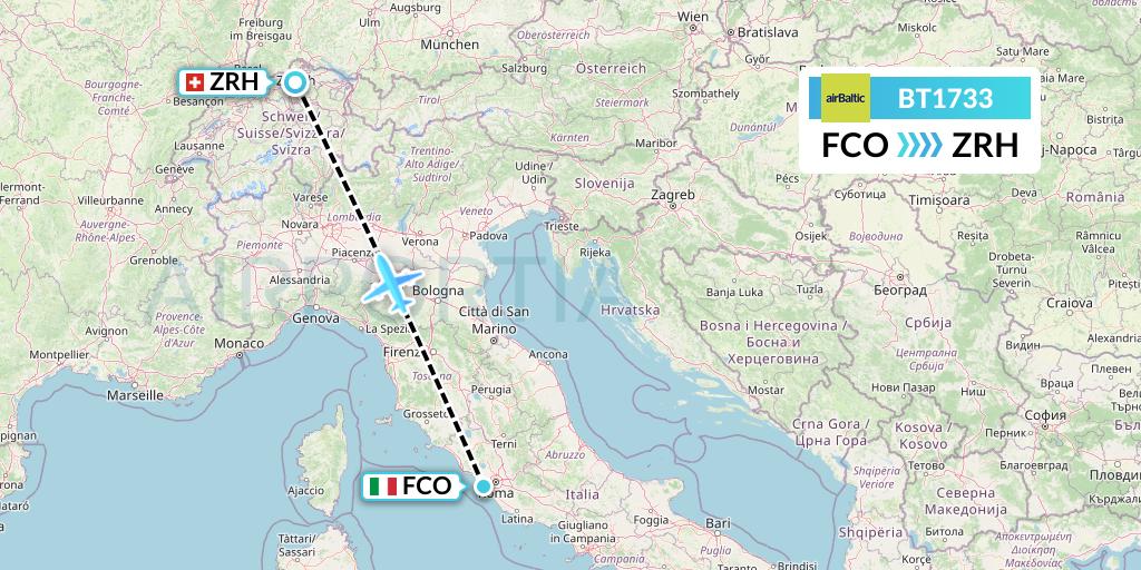 BT1733 Air Baltic Flight Map: Rome to Zurich