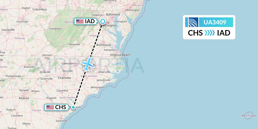 UA3409 United Airlines Flight Map: Charleston to Washington