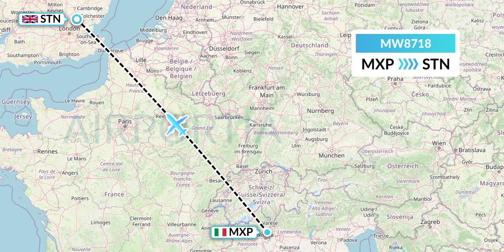 MW8718 Mokulele Flight Service Flight Map: Milan to London