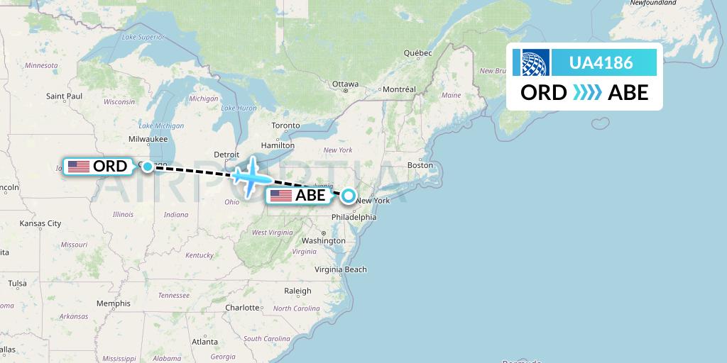 UA4186 United Airlines Flight Map: Chicago to Allentown
