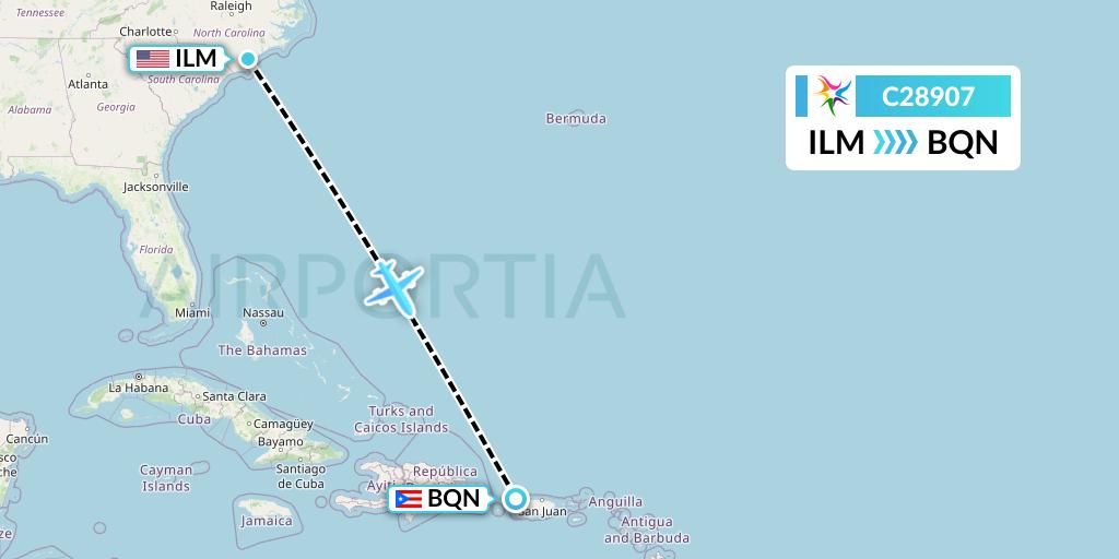 C28907 Ceiba Intercontinental Flight Map: Wilmington to Aguadilla